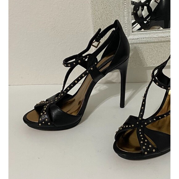 BCBG MAXAZRIA Black Leather Gold Stud Strappy Heels Stilettos Forrester 10B - Picture 5 of 11